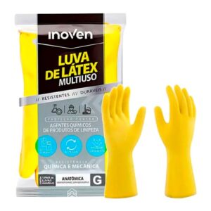 Luva de Látex Multiuso Amarela Inoven Tamanho G – Antiderrapante e Reutilizável